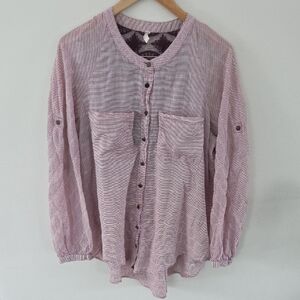 Free People Striped Lace Back Button Up Top W/ Convertible Sleeves